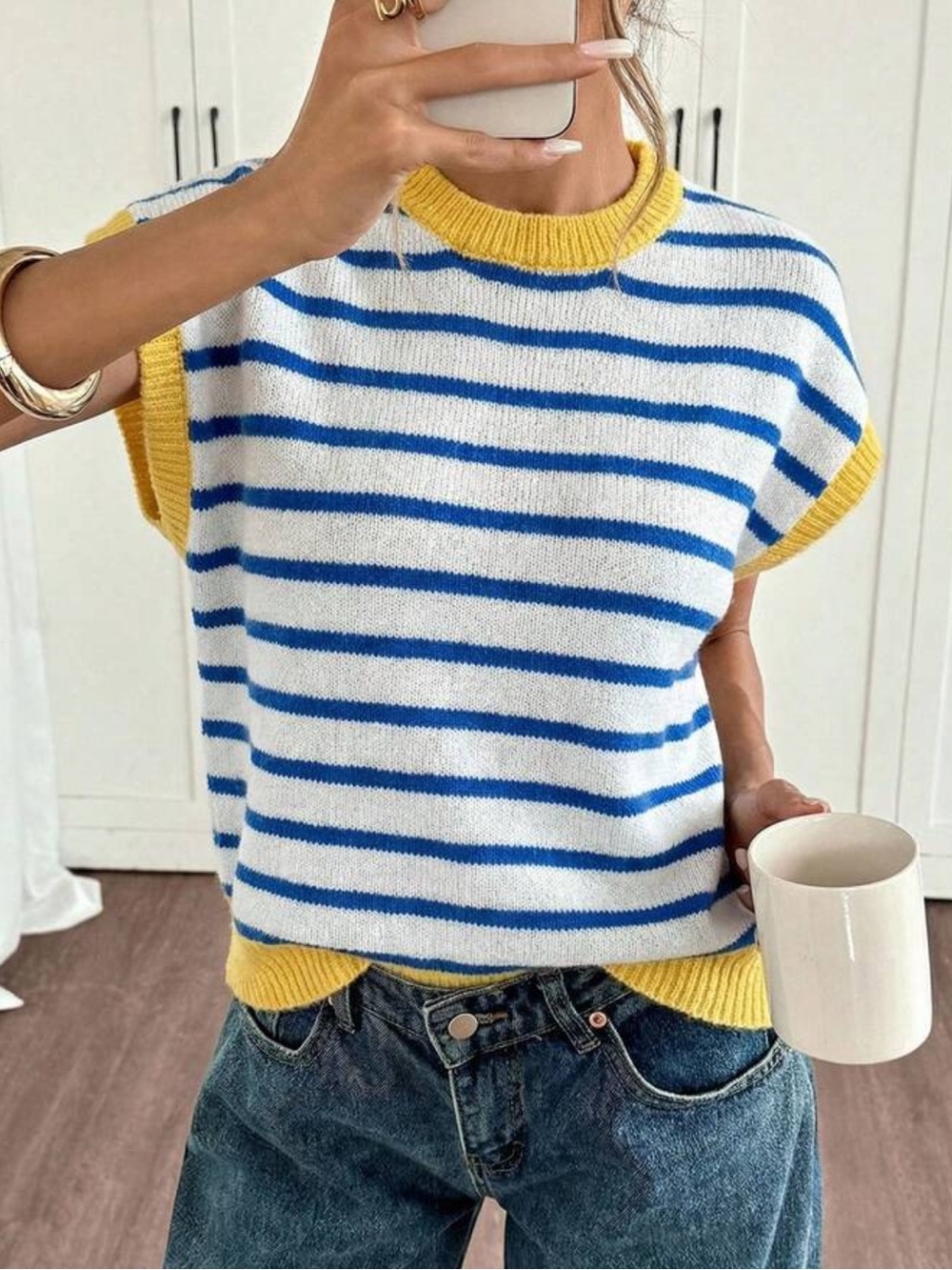 SHEIN Striped Blue & White Knit Sleeveless Sweater Vest with Yellow Trim